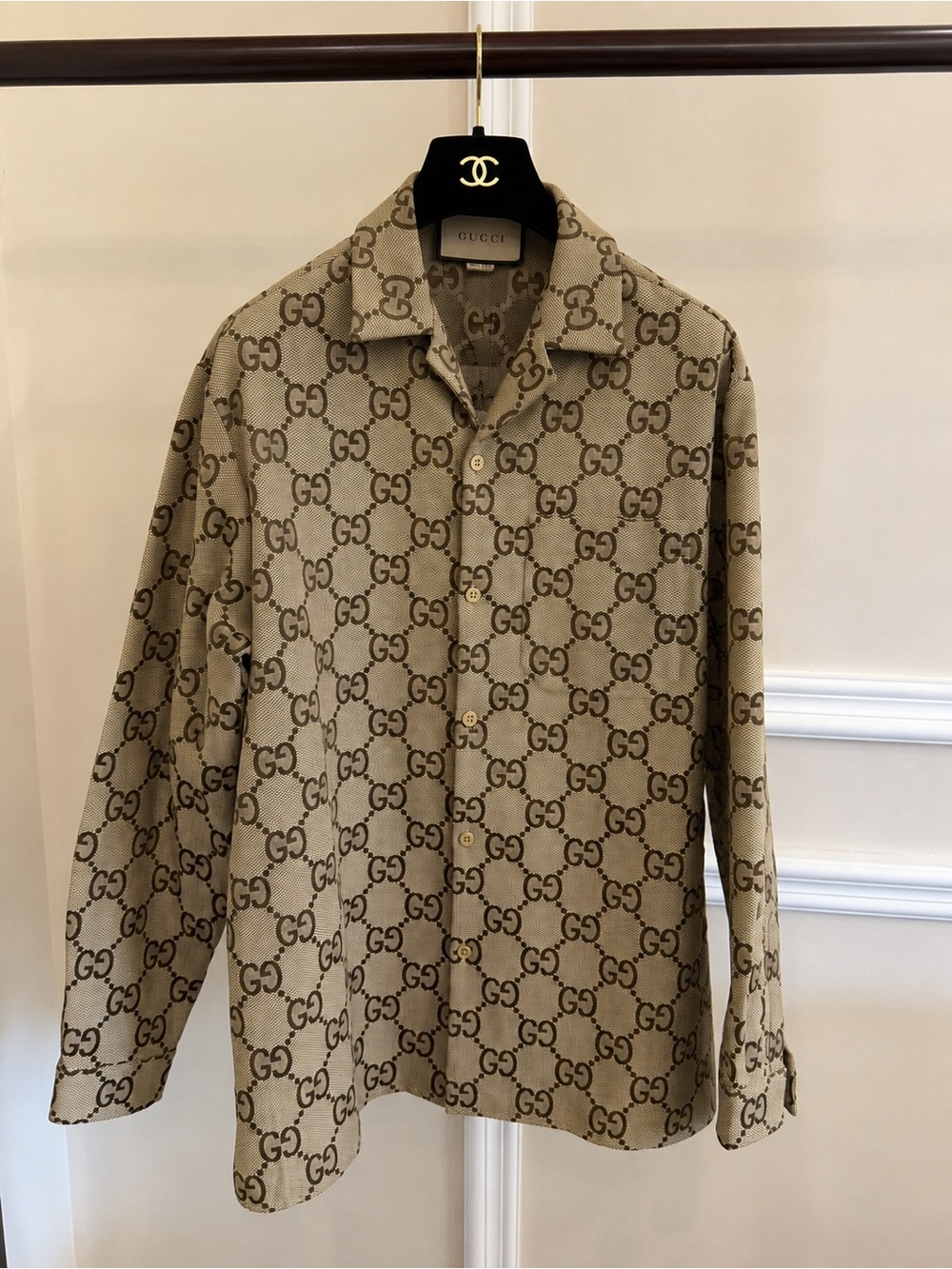 Gucci Beige GG Monogram Long Sleeve Button-Down Shirt